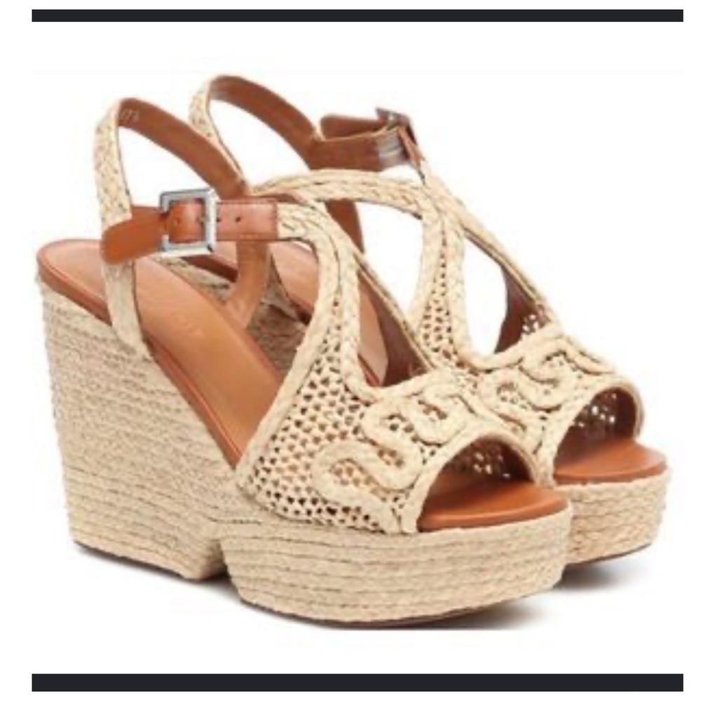 Clergerie Paris Doloria Raffia Wedge Platform Sandals Tan Beige US 6 EU 36.5